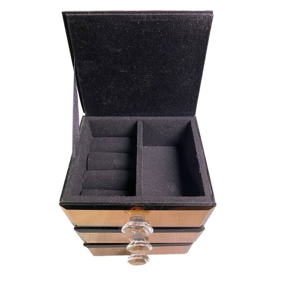 Allure Mirrored Jewelry Box Amber Smoke 3 Compartments Clear Crystal Gem Knobs - Picture 9 of 16